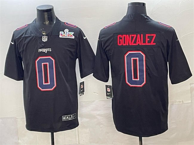 Men's New England Patriots #0 Christian Gonzalez Black 2025 Super Bowl LX Patch Carbon Fashion Stitched Football Jersey
